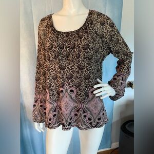 Elegant Brown and Pink Patterned Women's Top Sz XL